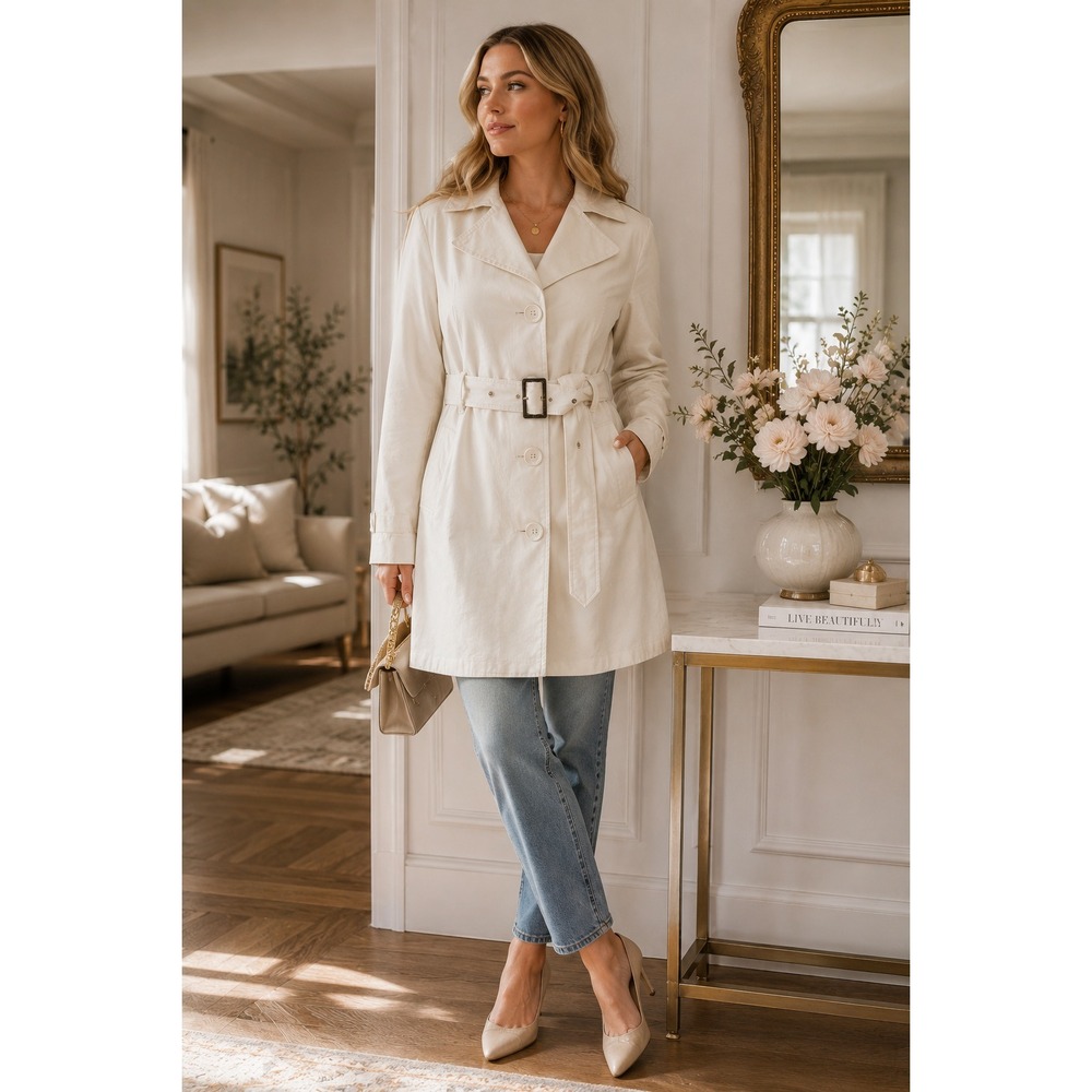 Cream Belted Trench Coat Women's‎ L Classic Minimalist Lightweight Jacket
